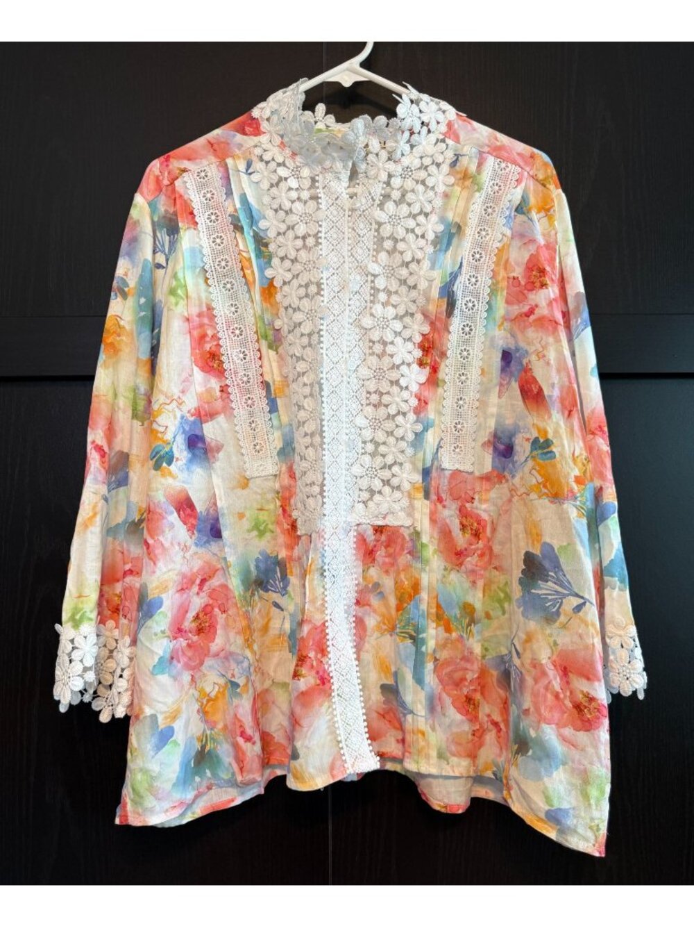 Freckled Poppy x POL Cream Floral Long Sleeve Lace Trim Blouse 3XL Boho Cottage